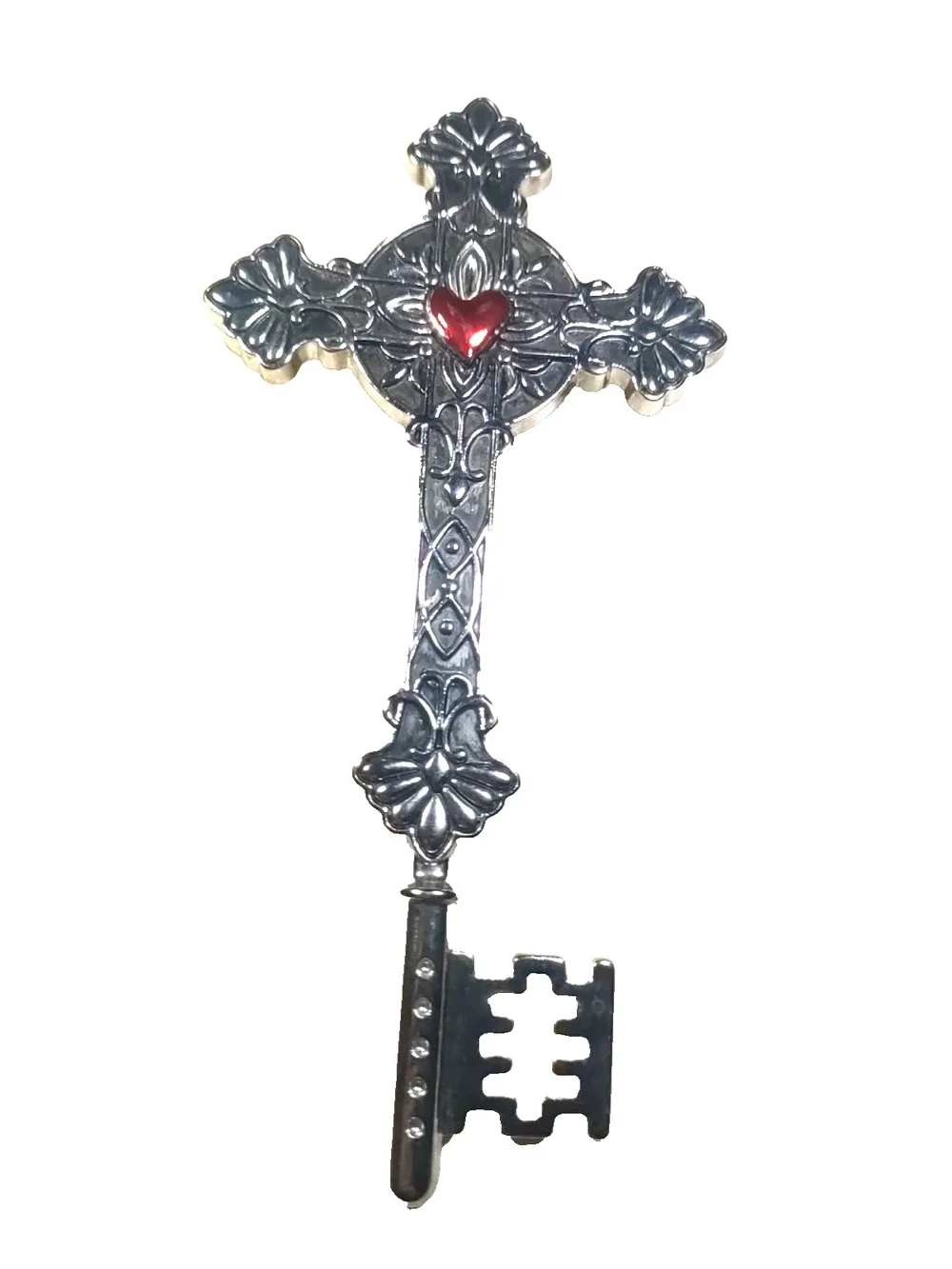 Large Cross Key Pendant Silver Tone Religious Red Heart